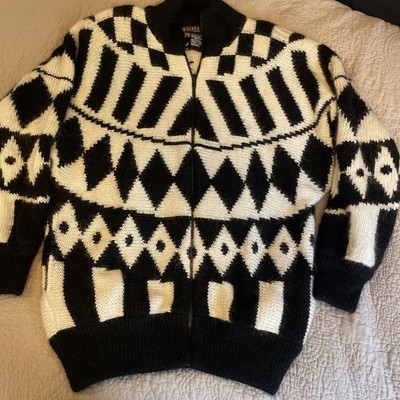 I.B. Diffusion Cardigan VTG 1990 s Mohair Wool Blend Black White Sweater Sz Med