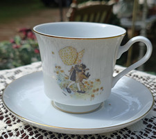 Holly Hobbie Porcelain Tea Cup  Saucer Set, White/Gold Trim, Made in Japan