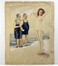 Original 1940 Pinup Comic Illustration Painting BEACH BATHING BEAUTY ACE Edwards