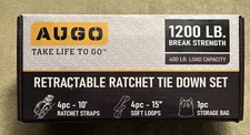 AUGO 1200 POUND BRAKE STRENGTH RETRACTABLE RATCHET TIE DOWN SET NEVER USED NIB