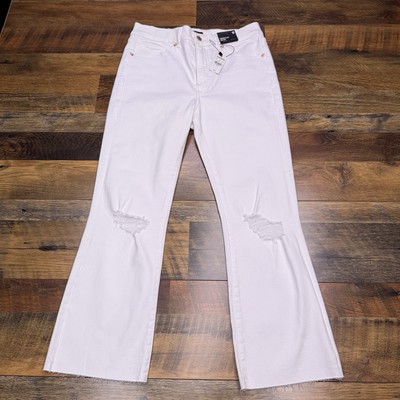 Express Crop Flare Jeans Womens 10 White High Rise Stretch Distressed New 