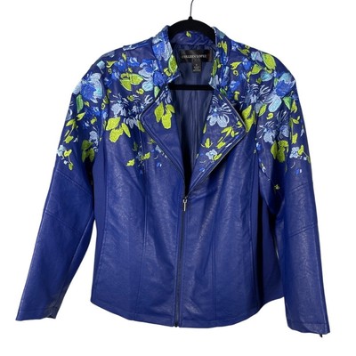 Colleen Lopez, Size 1X, Navy Blue Faux Leather Floral Embroidered Jacket, NWOT