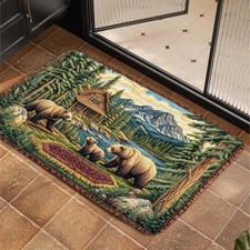 Bear Mat Rug Rustic Cabin Decor Animal Print Floor Mat Birch Woodland Flowers...