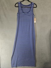 NWT Sonoma Womens Medium Maxi Dress Sleeveless Blue Stripe Stretch Sun Straight