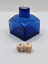Old blue glass ink bottle, inkwell, penny ink (KL)