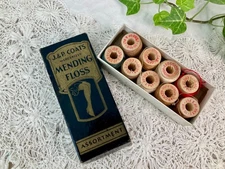 VTG J&P Coats Box Mending Thread Floss Hosiery 9 Wooden Spools Miniature