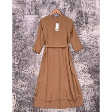 New Uniqlo Dress Small Womens Brown Twill Band Collar Tie Waist Midi Shirt