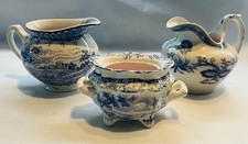 Mason Ironstone Creamers Sugar Bowl. Vista Blue. c1940. 3 Pieces