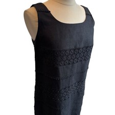 TALBOTS Dress Linen Cotton Blend Sz 8 Black Embroidered Lace Sleeveless Shift
