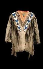 Native American Western Buckskin Buffalo Leather Fringe Beaded War Shirt