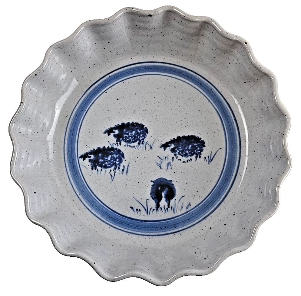 Deep Dish Pie Quiche Studio Pottery Plate 9 in Scalloped Grey Blue Sheep Farm