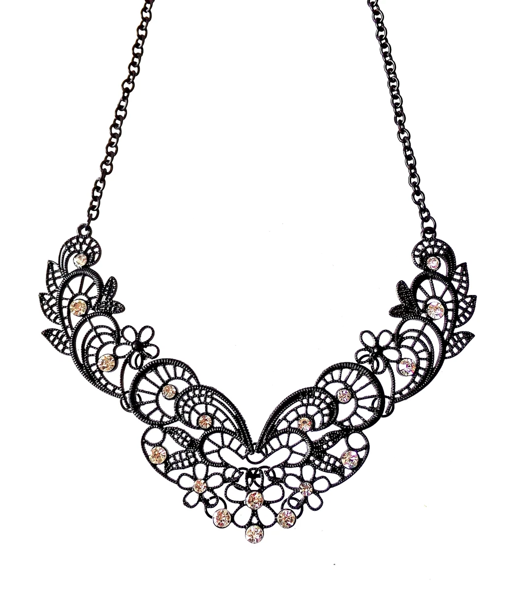 Black scroll lace design necklace with clear crystals in a black