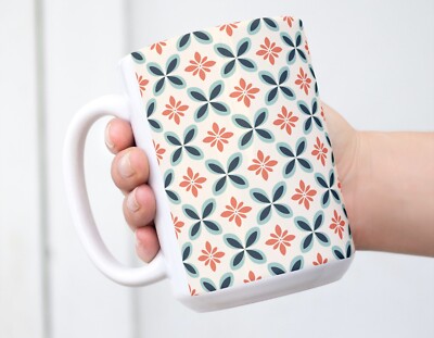 Geometric Flowers Coffee Tea Mug Cup 15 Oz Ceramic White by Mugzan