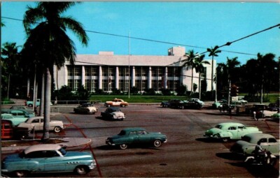 Miami FL-Florida New Library Biscayne Blvd Old 1940s Cars Vintage Postcard