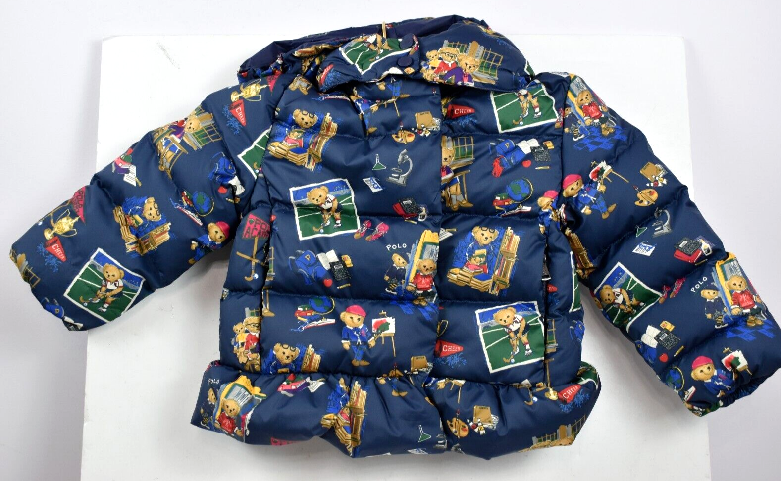 Giacca Ralph Lauren 24M nuova con etichette bambina orso navy piumino d'anatra cappuccio zip tasche pony