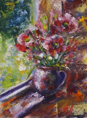 Bouquet Painting Cardboard  Flower Art Original Oil Small Painting 8 by 6''
