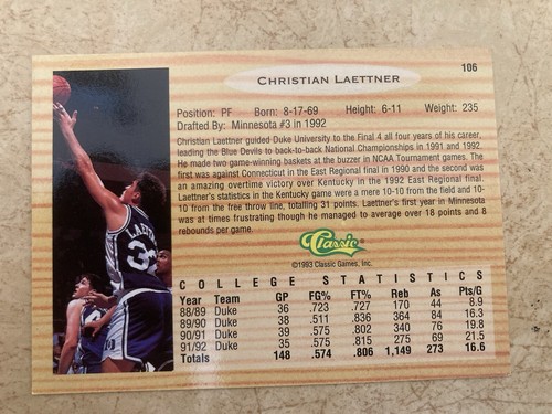 1993 Classic Draft Picks #106 Christian Laettner Duke Excellent Condition - Picture 2 of 2