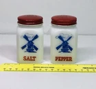 Vintage Hazel Atlas White Milk Glass Dutch Windmills Salt & Pepper Shaker Set