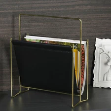Sling Style Black Leatherette Gold Metal Frame Magazine Floor Standing Rack