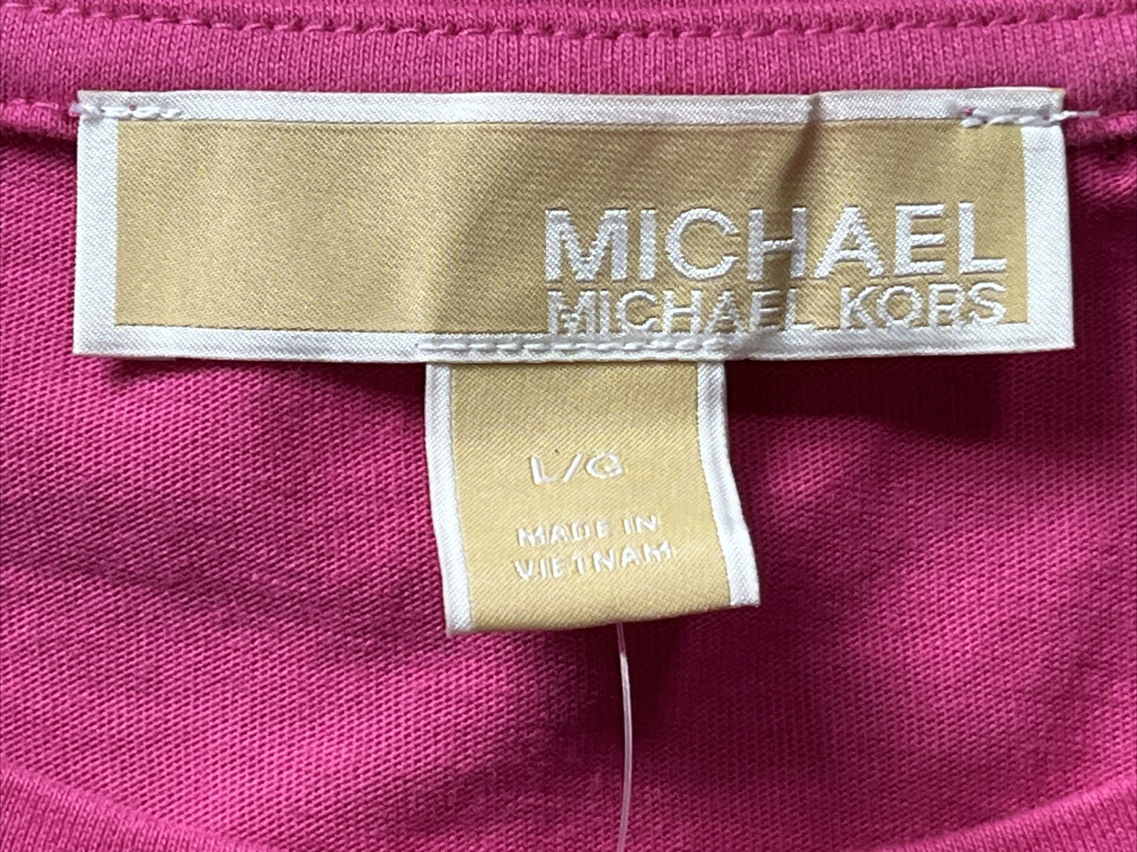 New! Michael Kors Women's L Gold MK Logo Cerise T Shirt Cold Shoulder thumbnail 3