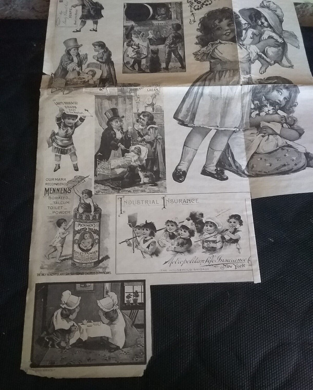 LARGE SHEET WITH SMALL COPIES OF VARIOUS VINTAGE ADVERTISING PICTURES