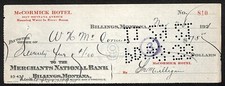 Billings, MT McCormick Hotel "Running Water in Every Room" 1921 Bank Check