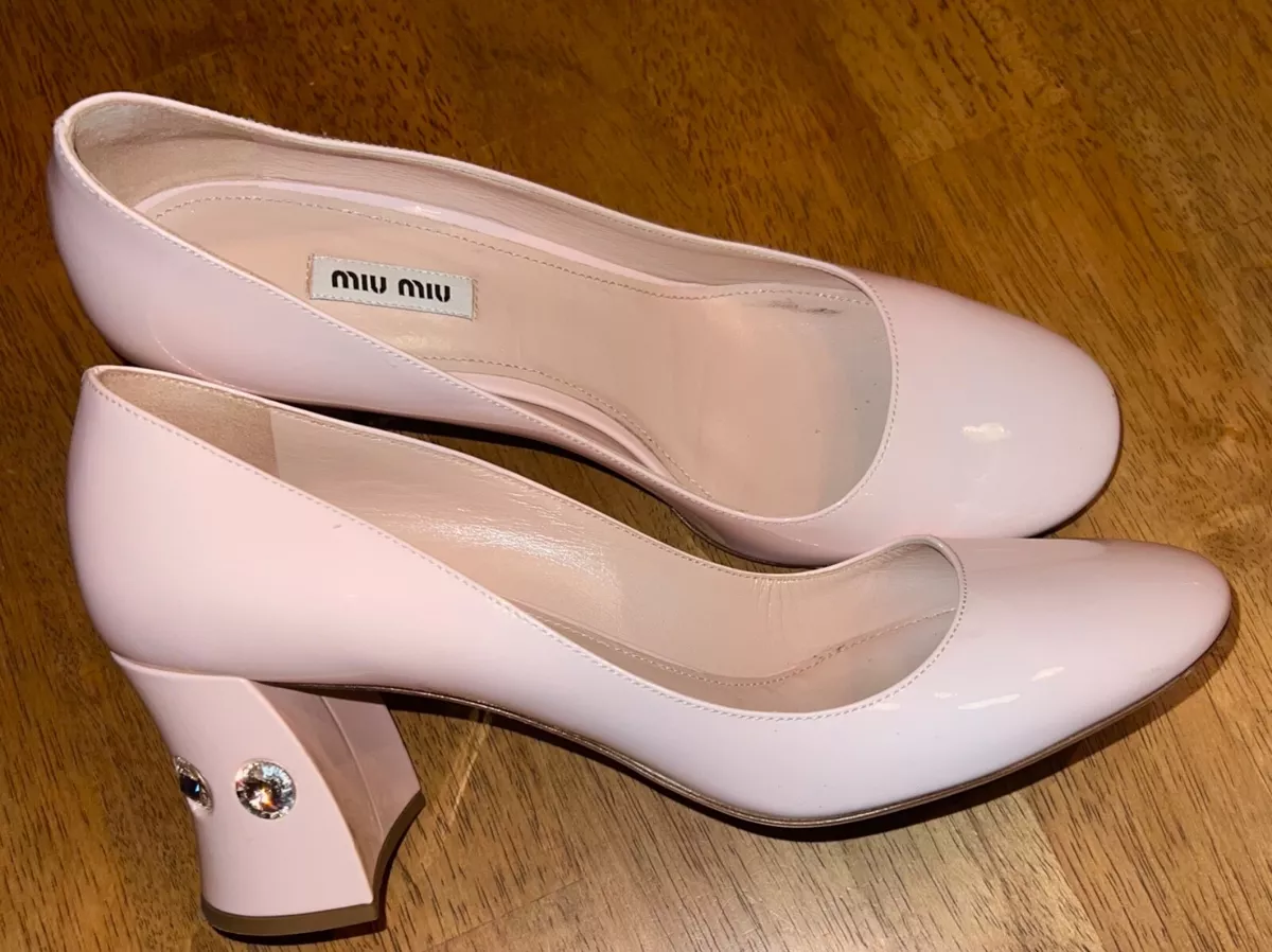 MIU MIU Blush Pink Rocchetto Patent Leather Bejeweled Block Heels 40.5 10