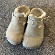 Women's Beige Suede Lined Clog Comfort Shoes, Buckle Closure, Round Toe