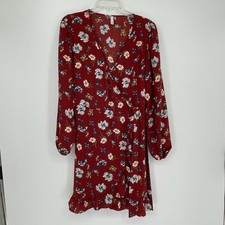 Women's Red Floral Faux Wrap Ruffle Long Sleeve Cottage Boho Mini Dress Size M