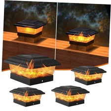  Solar Post Cap Lights, Warm Light& Flickering Flame Fence Post 4 PACK Black