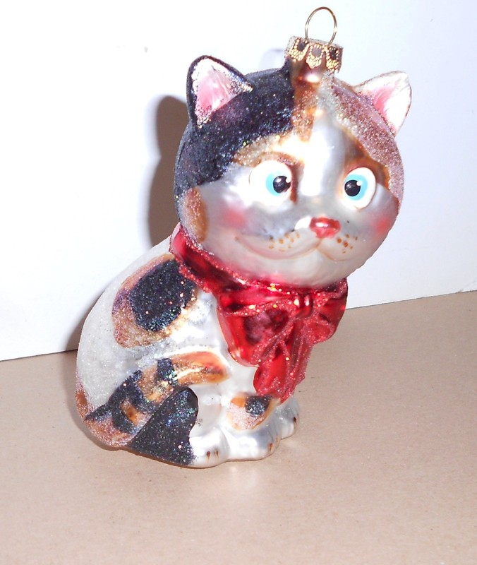 Blown Glass cat Ornament Hand Painted Red bow 4.5" high