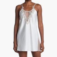 NEW Flora Nikrooz Stella Ivory Lace Trim Satin Chemise Nightgown Mini Slip Dress