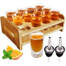 Shot Glasses Set of 12 Tray Serving Holder 1oz/30ml Bulk Glass Cups Thick Bas...
