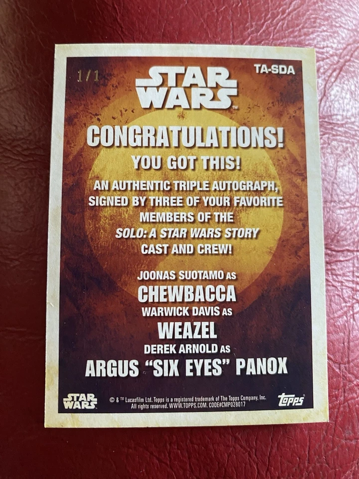 2018 Solo Star Wars Chewbacca, Weazel, Panox Triple Autograph Auto TA-SDA 1/1 - Image 2 of 4