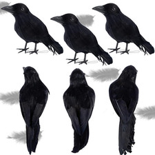 6 Pack Halloween Black Feathered Crows, Realistic Halloween Birds Decoration for