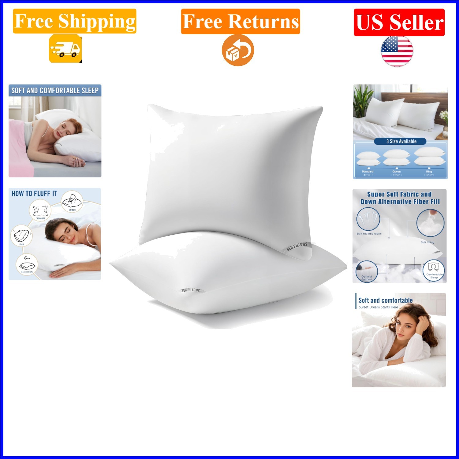 Queen Size 2-Pack Luxury Hotel Pillows, Down Alternative, Me