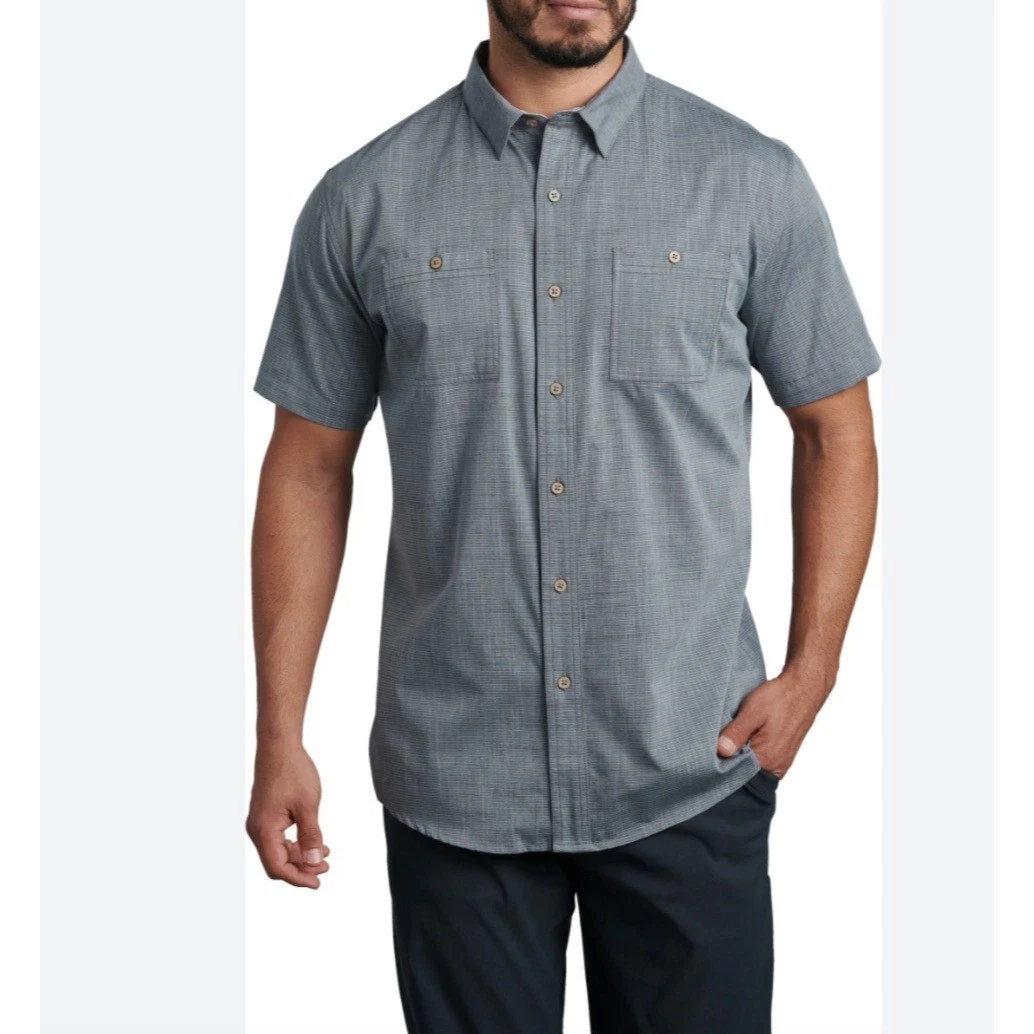 Kuhl Mens Blue White Micro Grid Short Sleeve Button Shirt Large Hiking Gorpcore