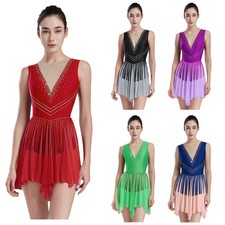 Womens Dress Round Neck Leotard Modern Dancewear Rumba Contrast Color Costume