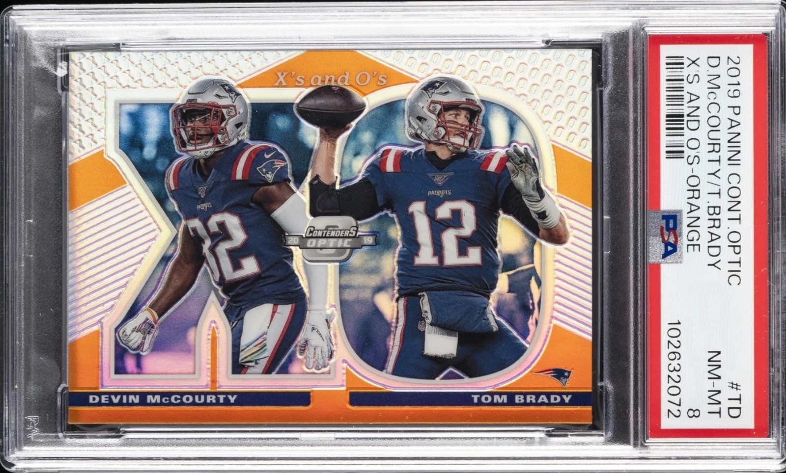2019 TOM BRADY DEVIN McCOURTY PSA 8 CONTENDERS OPTIC X'S & O'S ORANGE #'d /50 view 1