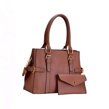 Brown Satchel Top Handle Bag Gold Hardware with Pouch Buckle Strap Accent Women