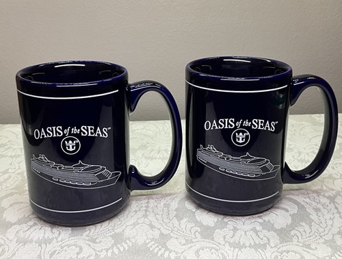 Royal Caribbean Oasis Of The Seas Ceramic Coffee Cup Blue/Gold Set Of 2 - Picture 1 of 8