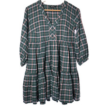 Madewell Flannel Colette Mini Dress Green Plaid Babydoll Relaxed Fit Sz 00