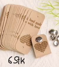 6 St Etiketten mit Buchnieten Labels Handmade N&auml;hen Kunstleder Neu H&auml;keln braun