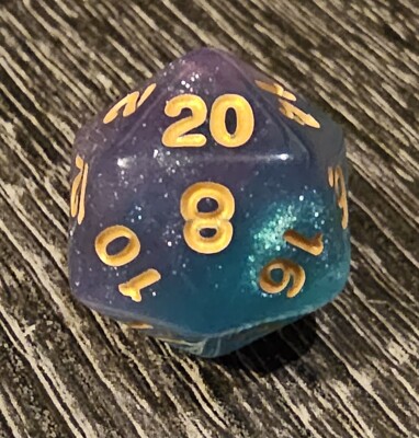 D20 Candy Blue Purple Swirl Glitter Dice 20 Sided Die DnD D&D Tabletop RPG