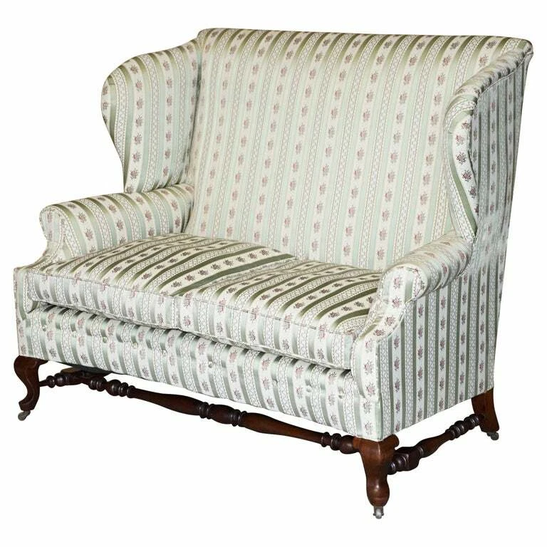 VICTORIAN HOWARD SONS TICKING FABRIC UPHOLSTERED DOUBLE WINGBACK SOFA ARMCHAIR