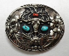Steer Head Horns Belt Buckle Silver Turquoise Coral Native American Style S.S.I.