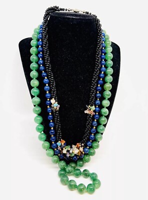 Lot 3 Gemstone Necklaces Aventurine Lapis Lazuli Onyx Plus Vintage Jewelry