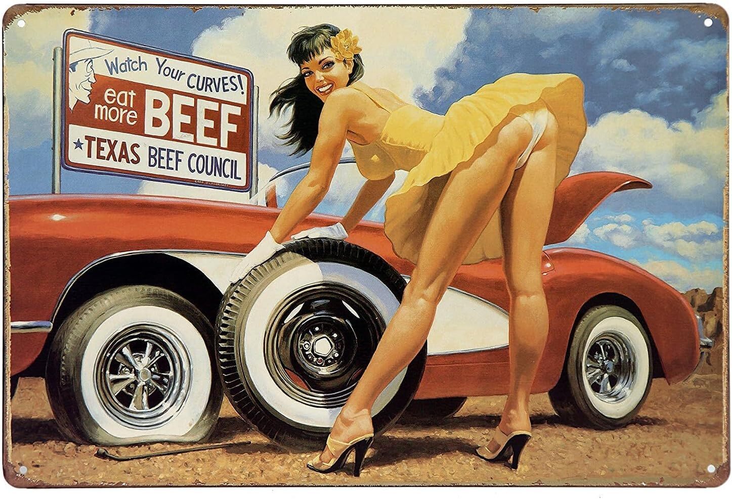 Car Vintage Metal Tin Signs Sexy Girl Watch Your Curves Eat More Beef Retro Meta