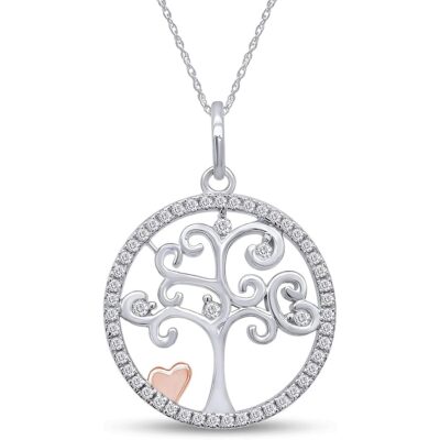 2/5 Ct Two Tone Tree of life Heart Pendant Necklace Lab Grown Diamond Sterling