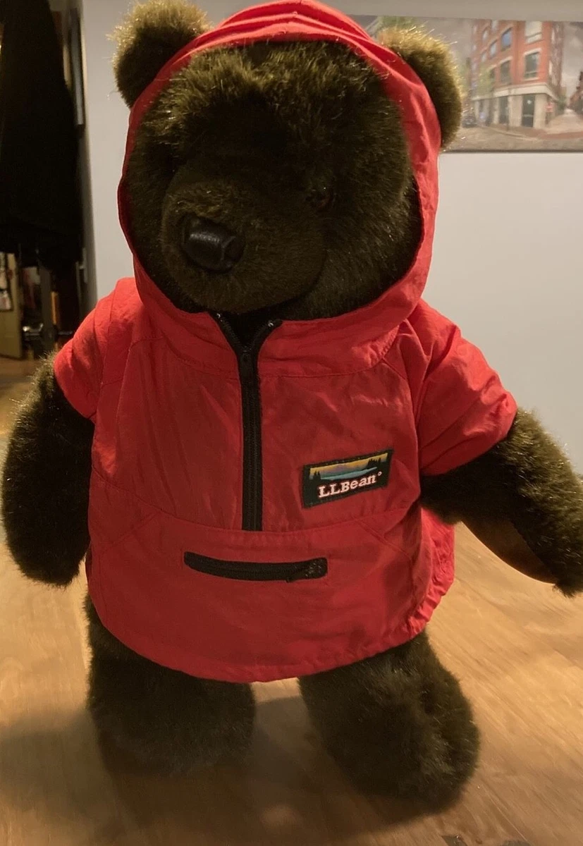 LL Bean Plush Brown Teddy Bear Vintage Red Rain Parka Anorak Jacket 17”